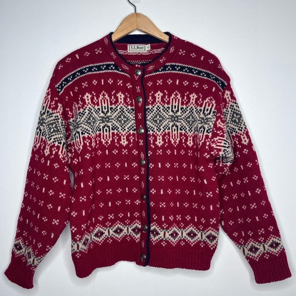 Vintage LL Bean Nordic Fair Isle Wool Blend Red Cardigan - Picture 1 of 16